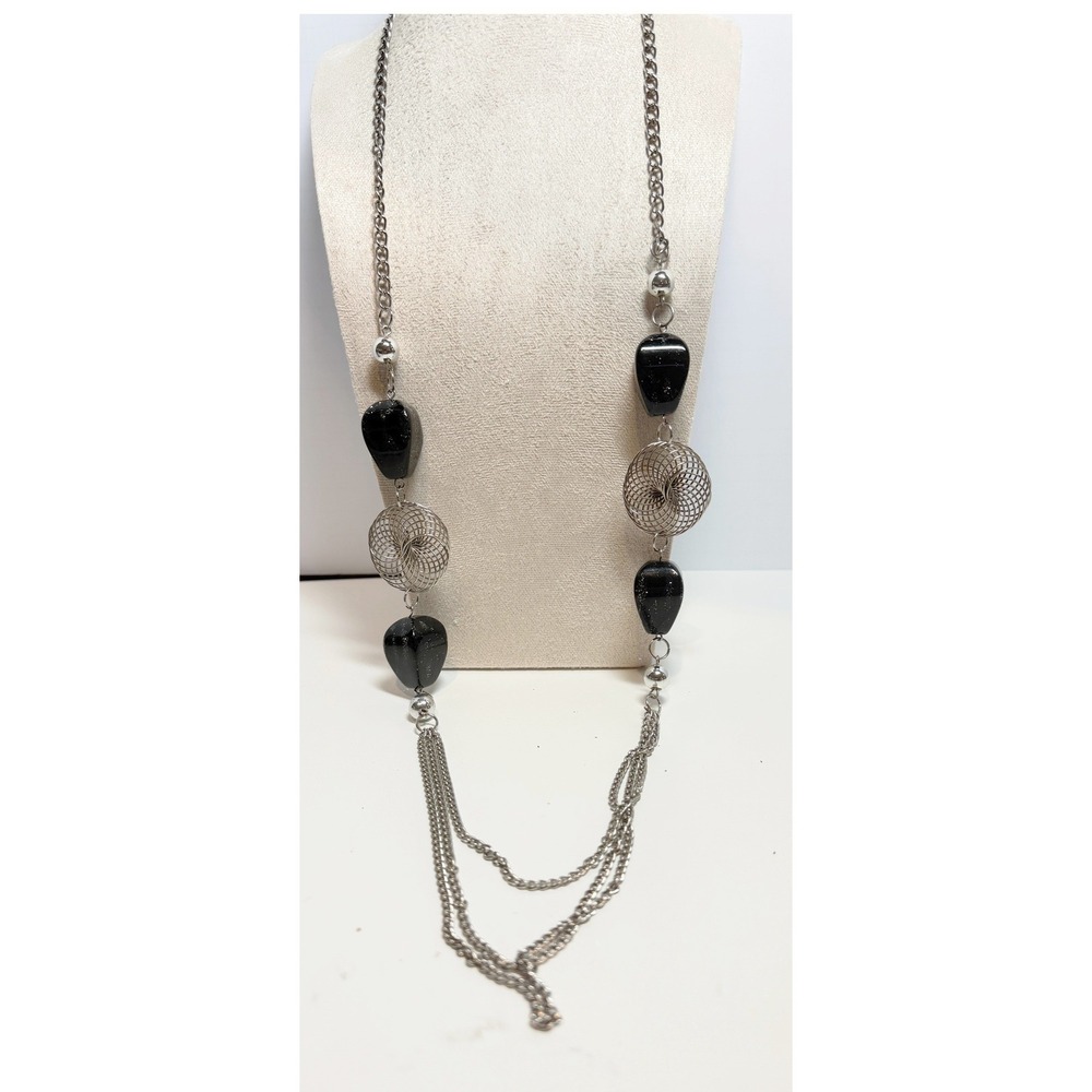 Long Black Glitter Glass Bead Necklace Silver Tone Multi Strand 34–37"